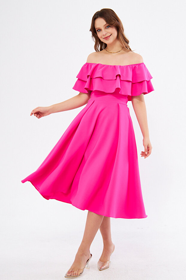 Fuchsia Off-Shoulder Karmen Collar Flowy Woven Fabric Flared Midi Length Homecoming & Evening Dress