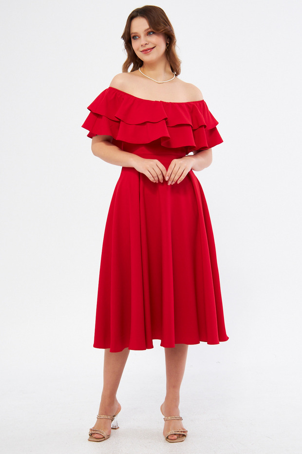 Red Off-Shoulder Karmen Collar Flowy Woven Fabric Flared Midi Length Homecoming & Evening Dress