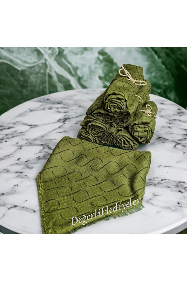 Green Flamed Square Patterned Head Scarf in Stylish and Luxurious Model