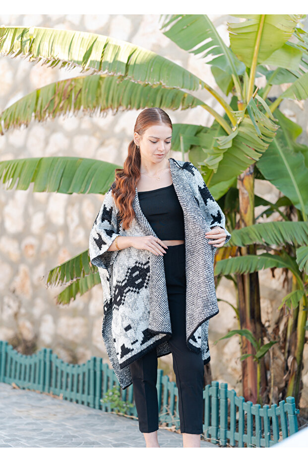 Kapüşonlu Örme Panço - 2