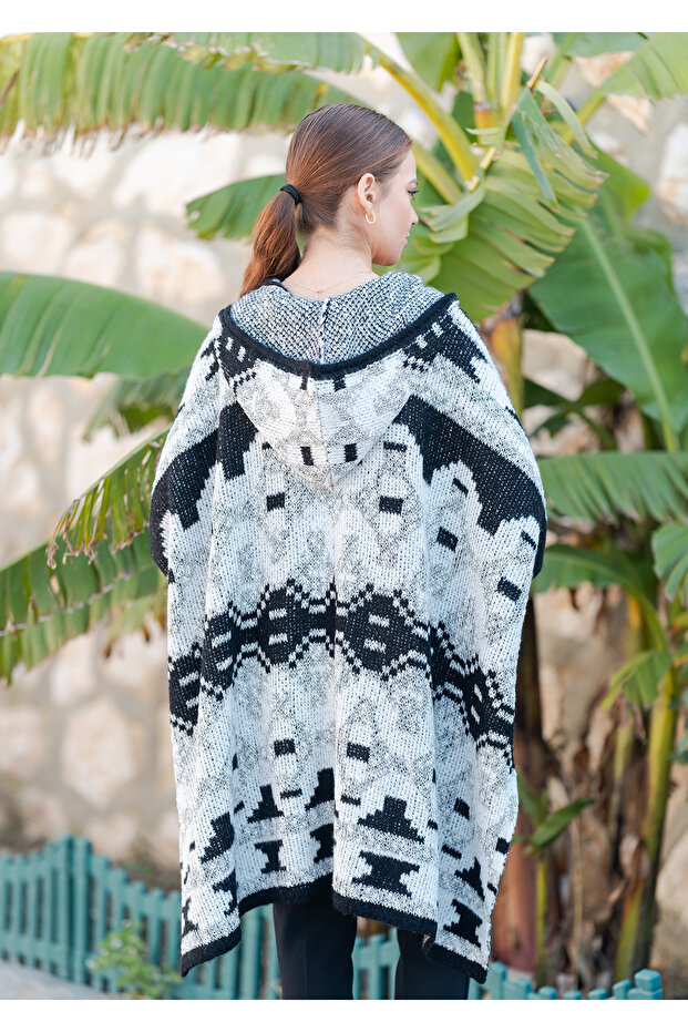 Kapüşonlu Örme Panço - 5