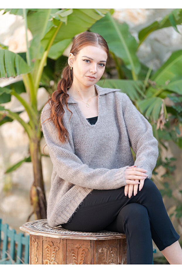 Gömlek Yaka Oversize Basic Kazak - 2