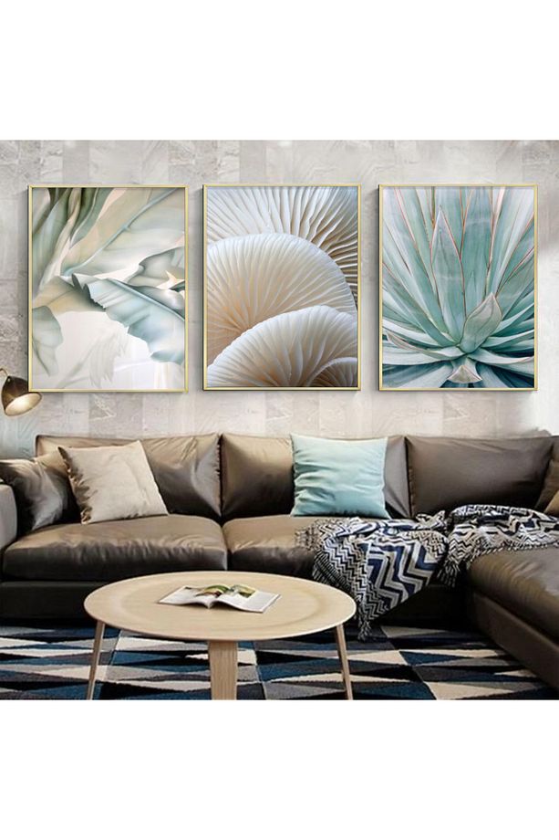 Modern Botanik Elegans: Pastel Yaprak ve Sukulent Üçlü Tablo Seti - 1