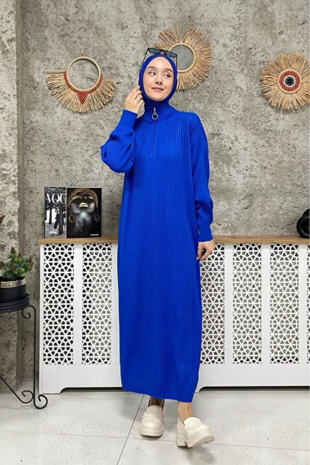 Turtleneck Zipper Long Ribbed Knitwear Dress