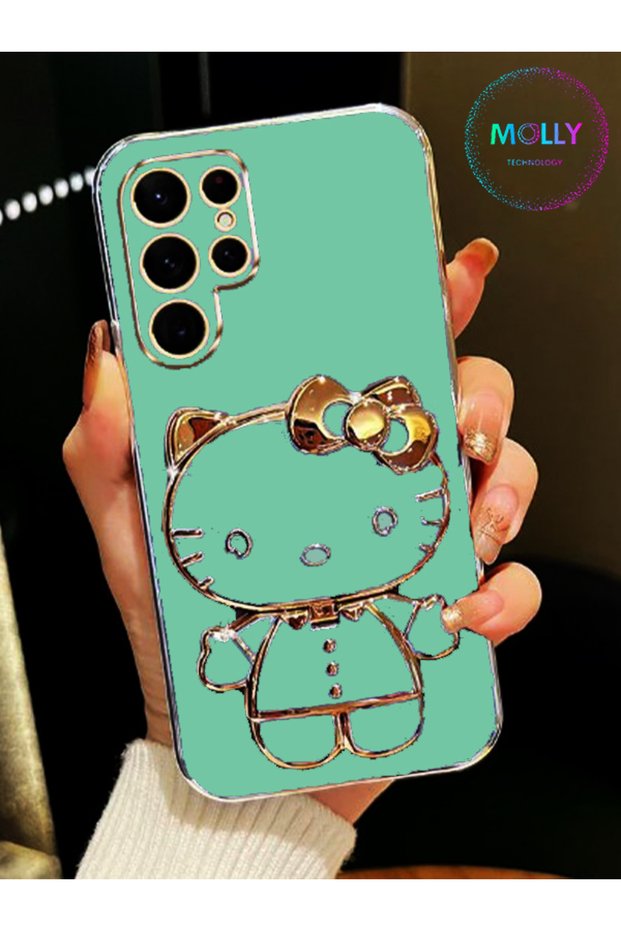 Water Green Hello Kitty Stand Gold Detailed Luxury Silicone Case for Samsung Galaxy S21 Ultra