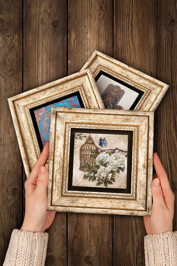 Kelebekli Çiçek Taş Duvar Tablosu Çerçeveli Duvar Dekoru 3 Parça Tablo Seti Wall Art - 4