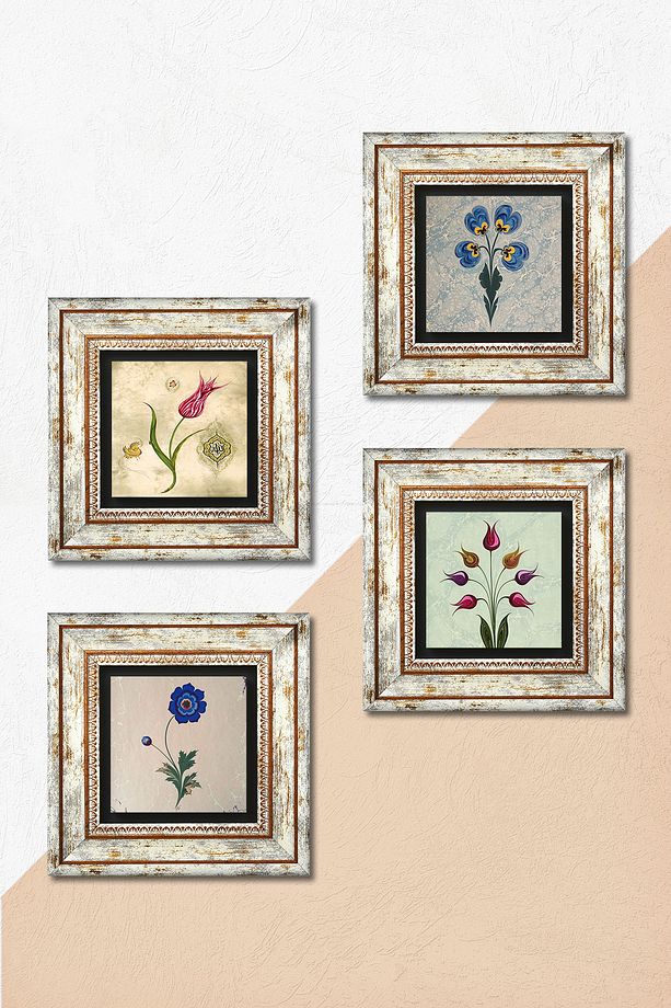Ebru Sanatı, Lale Taş Duvar Tablosu Çerçeveli Duvar Dekoru 4 Parça Tablo Seti Wall Art Tk4-21 - 5
