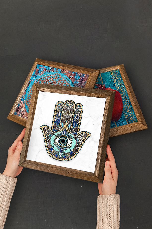 Yaşam Çiçeği, Şahmeran, Fatma Ana Eli (HAMSA) Taş Duvar Tablosu Ahşap Çerçeveli Duvar Dekoru - 4