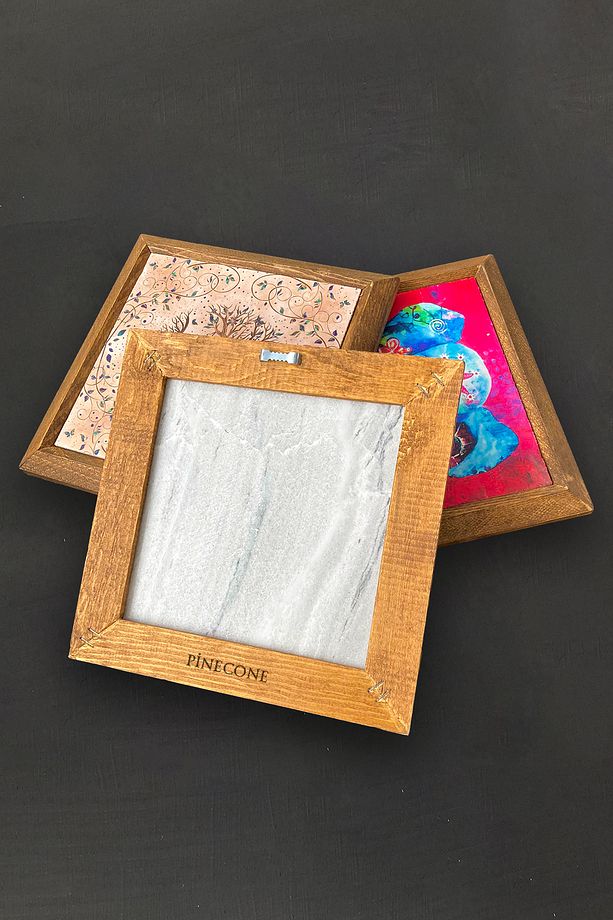 Ebru Sanatı, Lale Taş Duvar Tablosu Ahşap Çerçeveli Duvar Dekoru 4 Parça Tablo Seti Wall Art W4-701 - 6