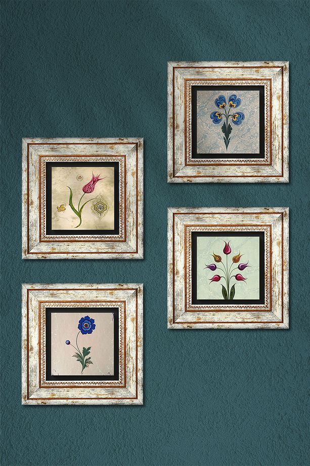 Ebru Sanatı, Lale Taş Duvar Tablosu Çerçeveli Duvar Dekoru 4 Parça Tablo Seti Wall Art Tk4-21 - 3