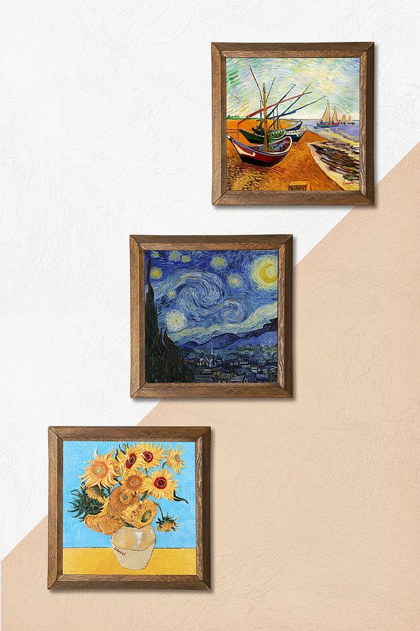 Van Gogh Taş Duvar Tablosu Ahşap Çerçeveli Duvar Dekoru 3 Parça Tablo Seti Wall Art W3-92 - 5