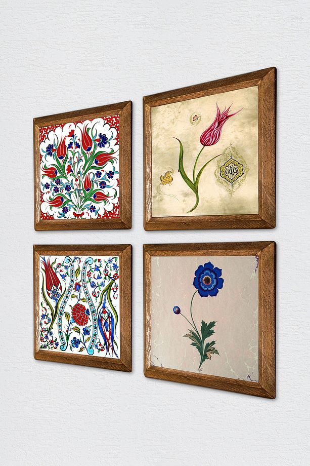 Ebru Sanatı, Lale Taş Duvar Tablosu Ahşap Çerçeveli Duvar Dekoru 4 Parça Tablo Seti Wall Art W4-701 - 2