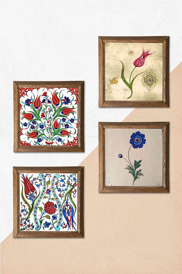 Ebru Sanatı, Lale Taş Duvar Tablosu Ahşap Çerçeveli Duvar Dekoru 4 Parça Tablo Seti Wall Art W4-701 - 5