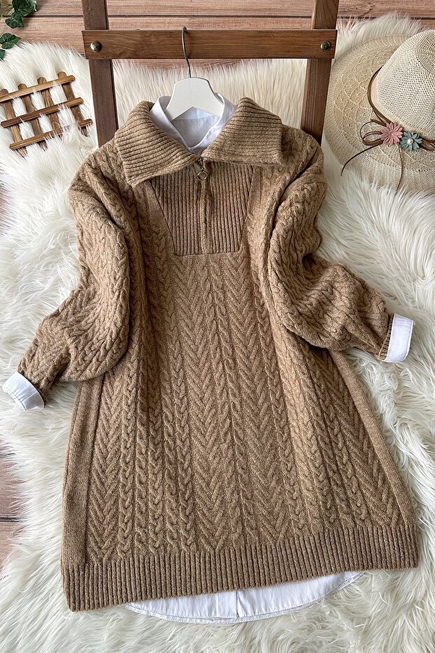 Zippered Soft Knitwear Sweater - Mink