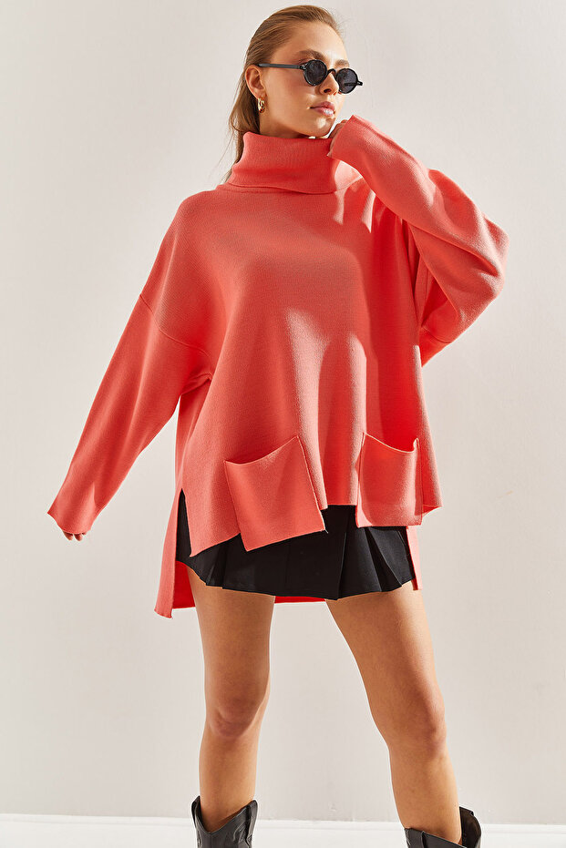 Women's Pomegranate Flower Turtleneck Double Pocket Oversize Knitwear Sweater Stk204