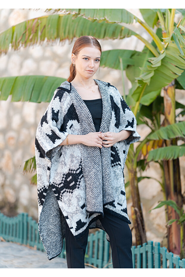 Kapüşonlu Örme Panço - 4