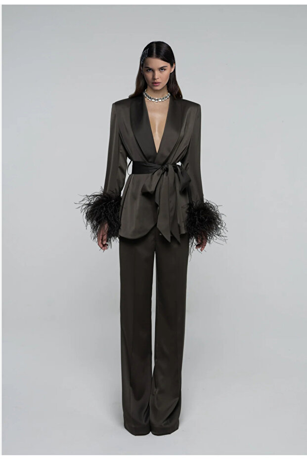 Special Design Sleeves Feathered Otriş Satin Jacket Trousers Bottom-Top Set