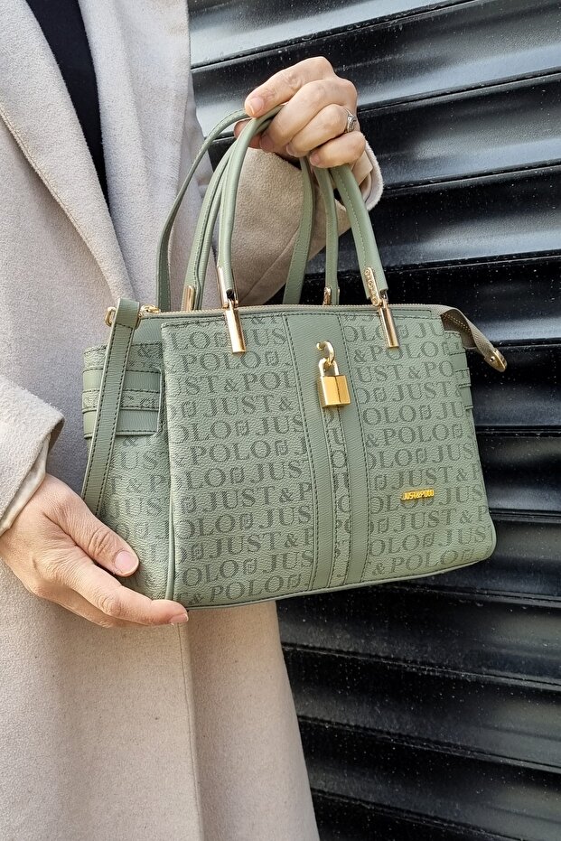Justpolo Women's Green Lock Accessory 4 Compartment Hand and Shoulder Bag