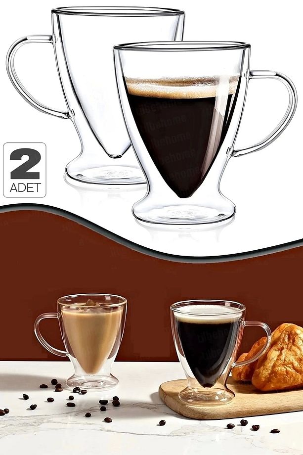 2li Çift Cidarlı Bardak Basık Taban Kahve Çay Fincanı - 1