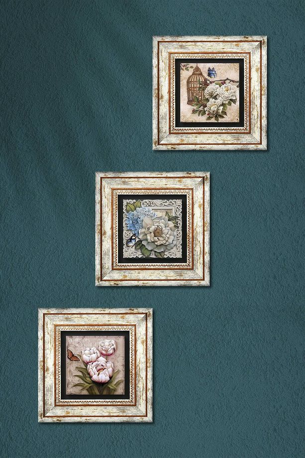 Kelebekli Çiçek Taş Duvar Tablosu Çerçeveli Duvar Dekoru 3 Parça Tablo Seti Wall Art - 3