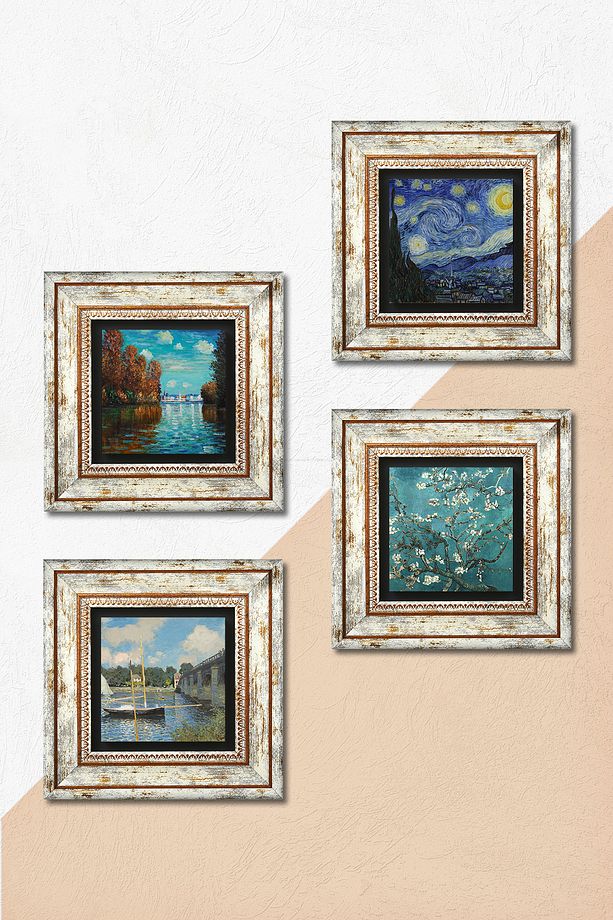Claude Monet Sonbahar, Köprü, Van Gogh Yıldızlı Gece, Badem Ağacı Taş Tablo Çerçeveli Duvar Dekoru - 5