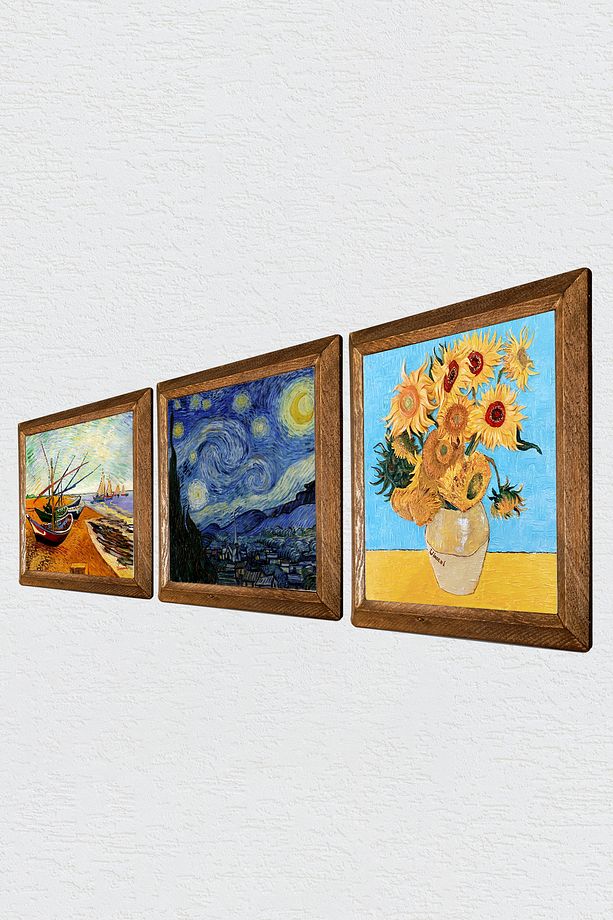 Van Gogh Taş Duvar Tablosu Ahşap Çerçeveli Duvar Dekoru 3 Parça Tablo Seti Wall Art W3-92 - 2