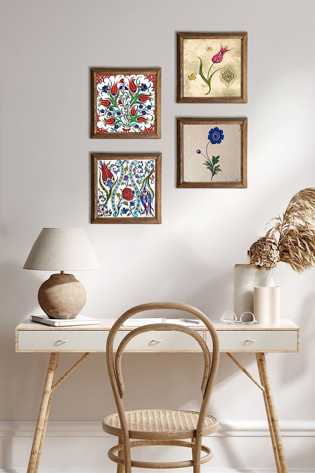 Ebru Sanatı, Lale Taş Duvar Tablosu Ahşap Çerçeveli Duvar Dekoru 4 Parça Tablo Seti Wall Art W4-701 - 1