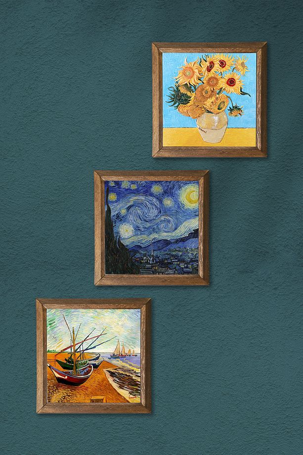 Van Gogh Taş Duvar Tablosu Ahşap Çerçeveli Duvar Dekoru 3 Parça Tablo Seti Wall Art W3-92 - 3