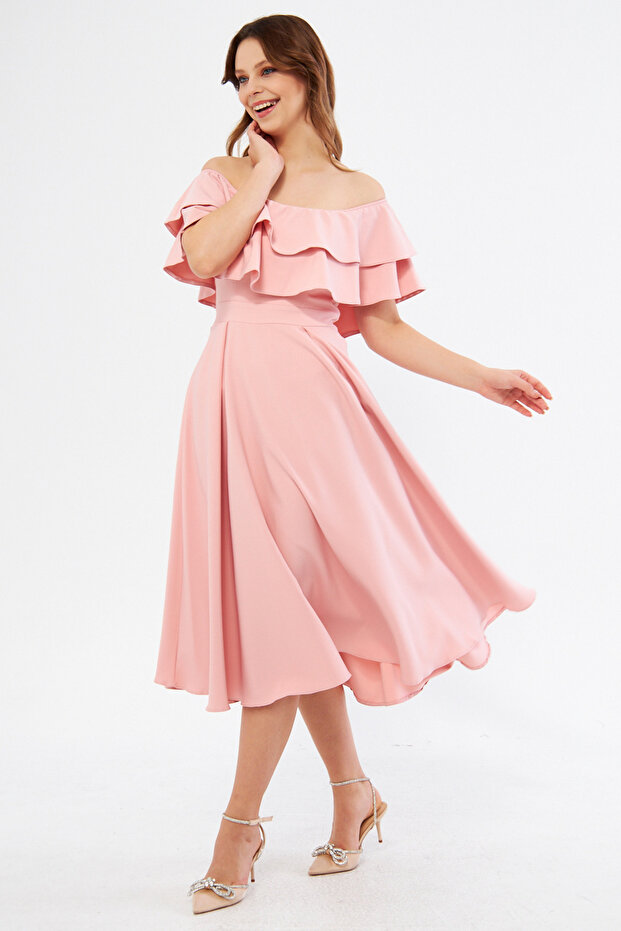 Powder Off-Shoulder Karmen Collar Flowy Woven Fabric Flared Midi Length Homecoming & Evening Dress