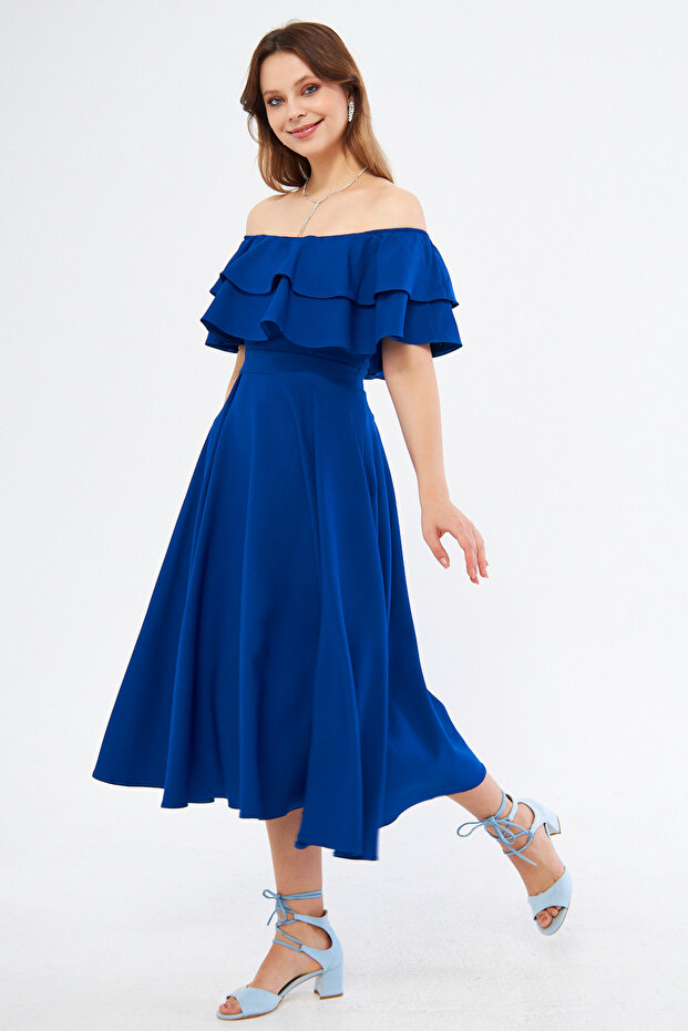 Sax Blue Off-Shoulder Karmen Collar Flowy Woven Fabric Flared Midi Length Homecoming & Evening Dress