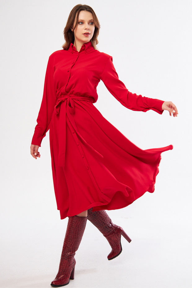 Red Long Sleeve Buttoned Elastic Waist Belted Woven Flowing Fabric Midi Length Shirt Dress