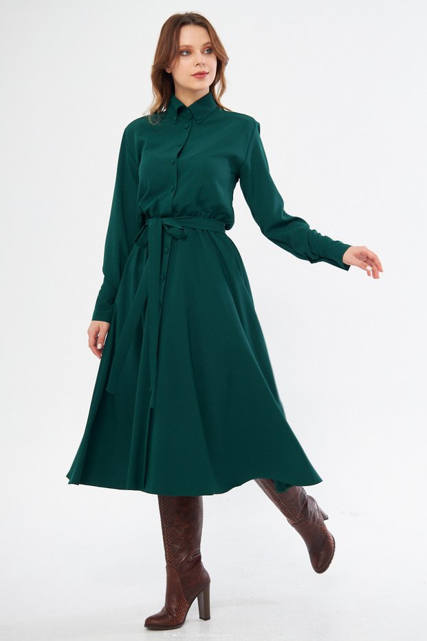Emerald Green Long Sleeve Buttoned Elastic Waist Belted Woven Draped Fabric Midi Length Shirt Dress