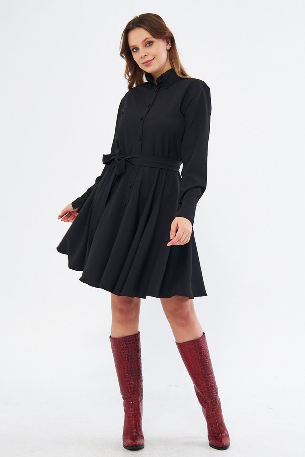 Black Long Sleeve Buttoned Elastic Waist Belted Woven Flowy Fabric Mini Size Shirt Dress