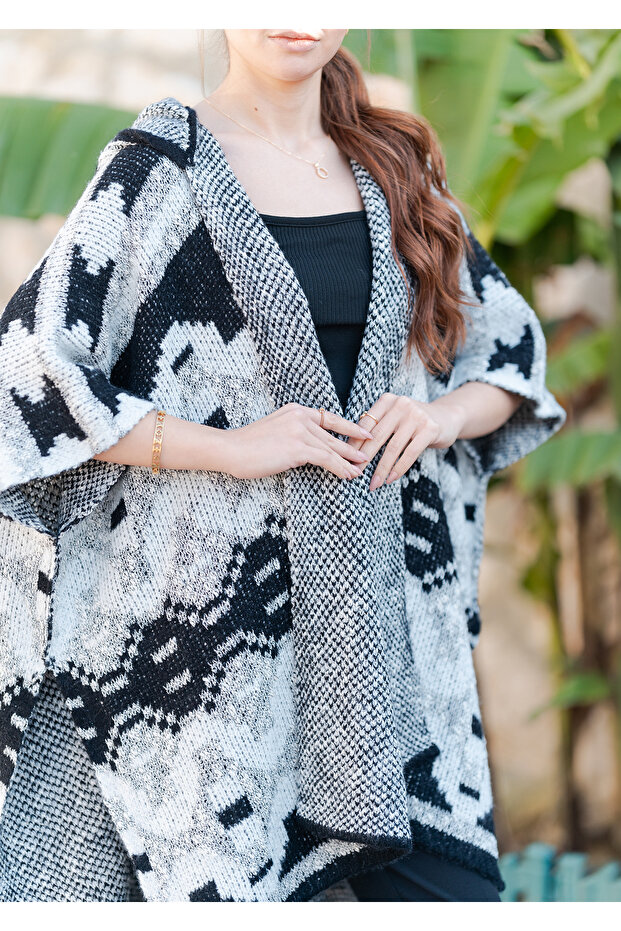 Kapüşonlu Örme Panço - 6