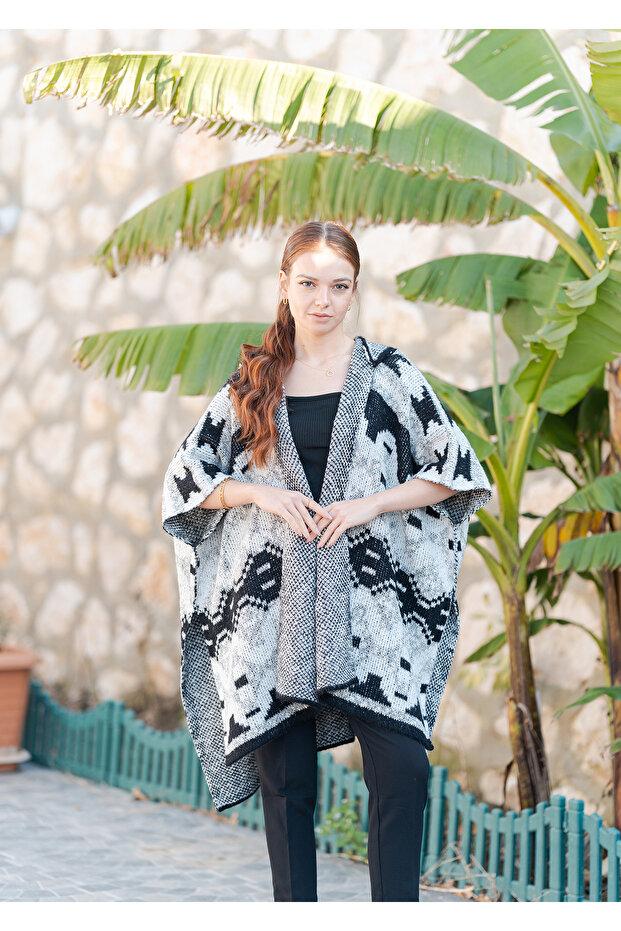 Kapüşonlu Örme Panço - 1