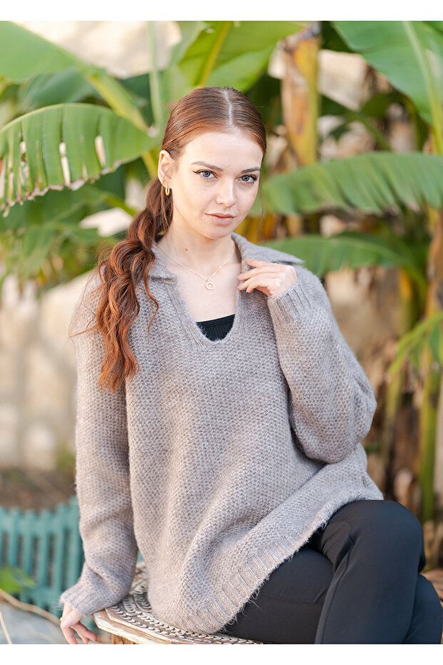 Gömlek Yaka Oversize Basic Kazak - 4