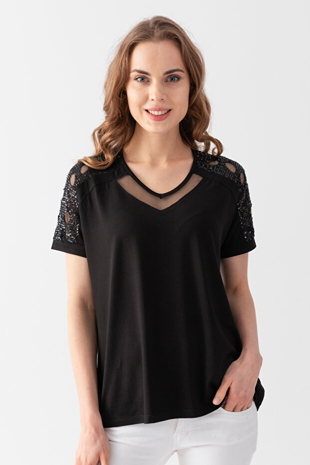 Women's Black Chest and Shoulder Tulle Detailed Sequin Embroidered Blouse