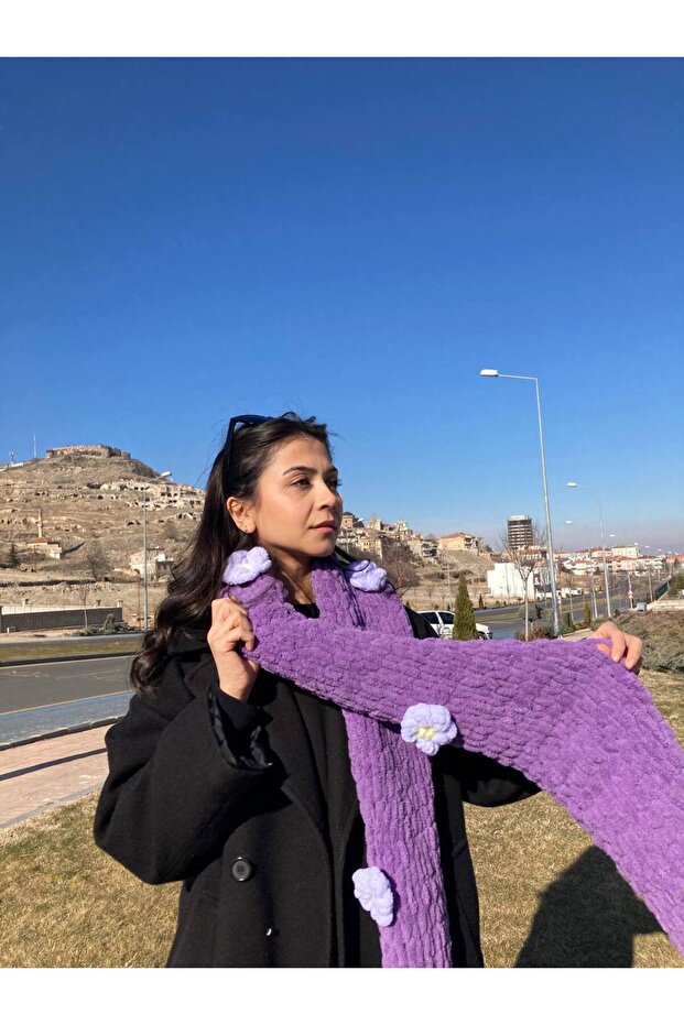 Mbcr Peluş Örgü Atkı Çiçekli - 3