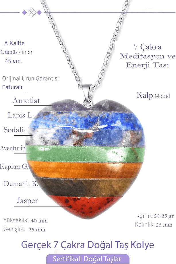 Sertifikalı Kalp Model Ametist Kuvars Aventurin Kaplan Gözü Lapis Jasper Akik 7 Çakra Kolye - 1