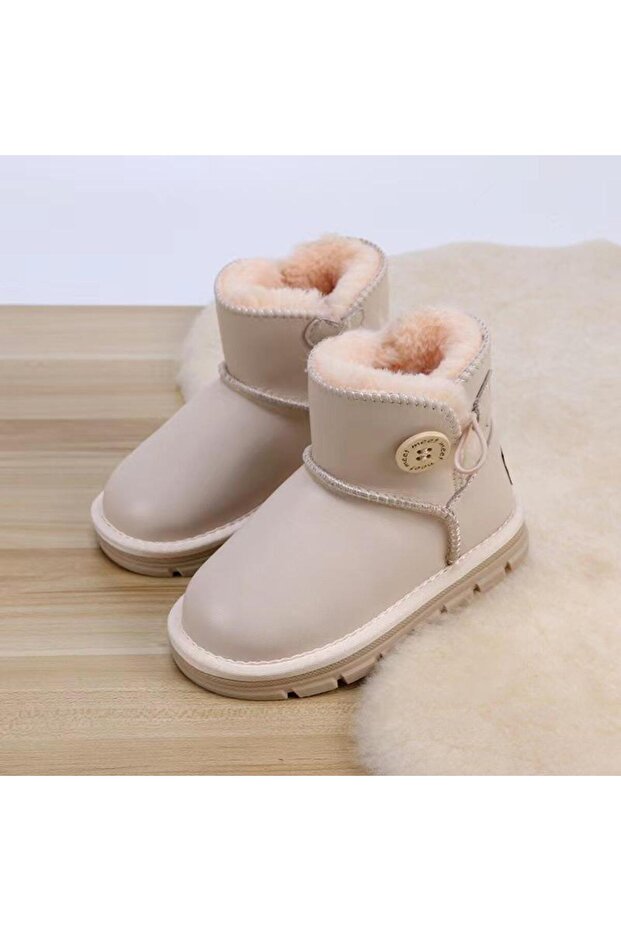 SUNİ WOOLED BUTTON DETAIL LEATHER BOOTS - BEIGE