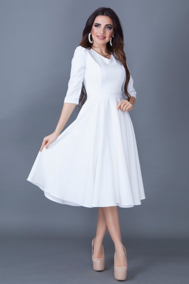 White Three-Quarter Sleeve V-Neck Pocket Woven Draped Fabric Flared Midi Dress