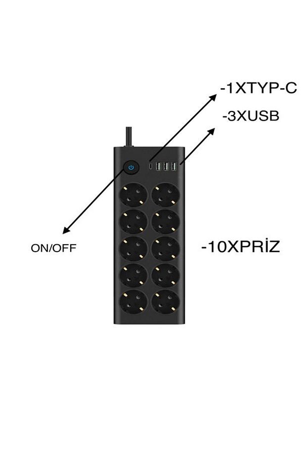 10'lu PRİZ, 3 USB, 3.4 Amper, 1 Type-C Girişli 16A Akım Korumalı Uzatma Kablolu Priz Çoklayıcı - 2