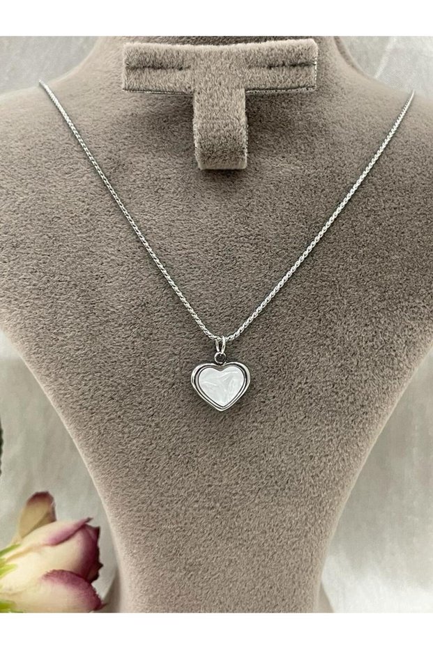 Heart Steel Necklace with Mother of Pearl Stone (1,1*0,9CM SILVER)