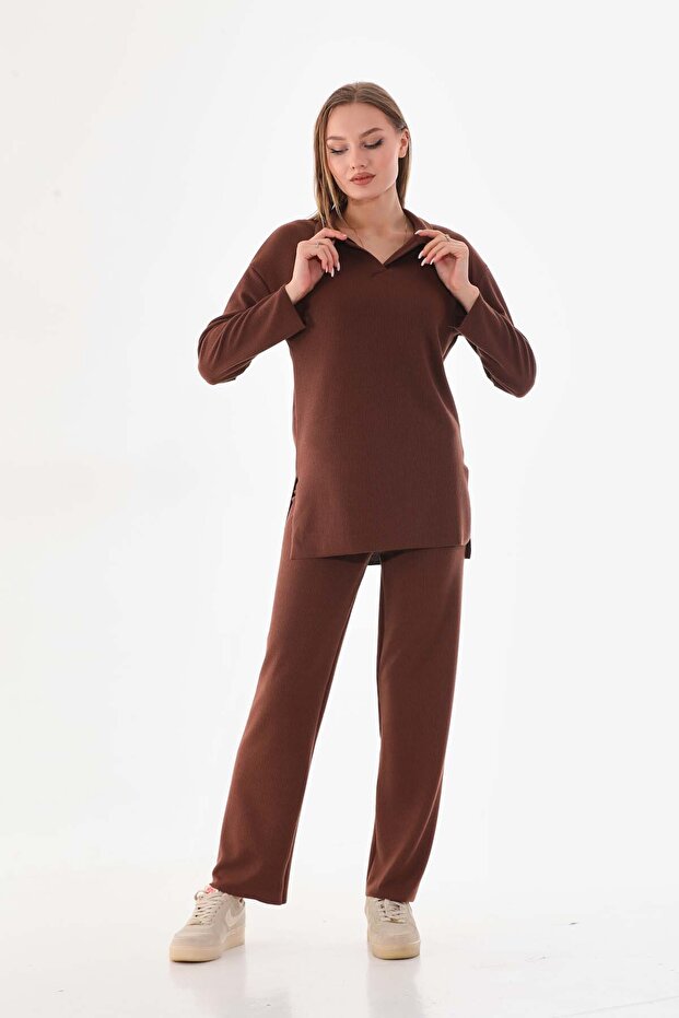 طقم بنطلون تونيك بني بنمط ملتف ومضفر - 5