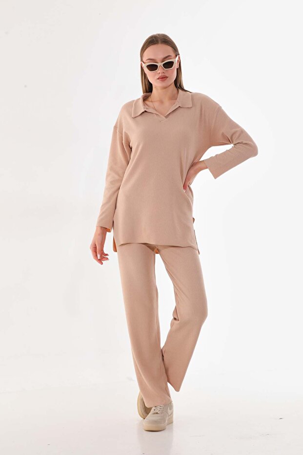 طقم بنطلون تونيك بيج بنمط ملتف ومضفر - 1