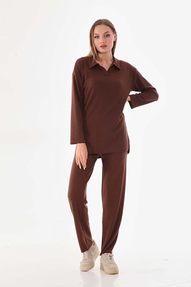 طقم بنطلون تونيك بني بنمط ملتف ومضفر - 7