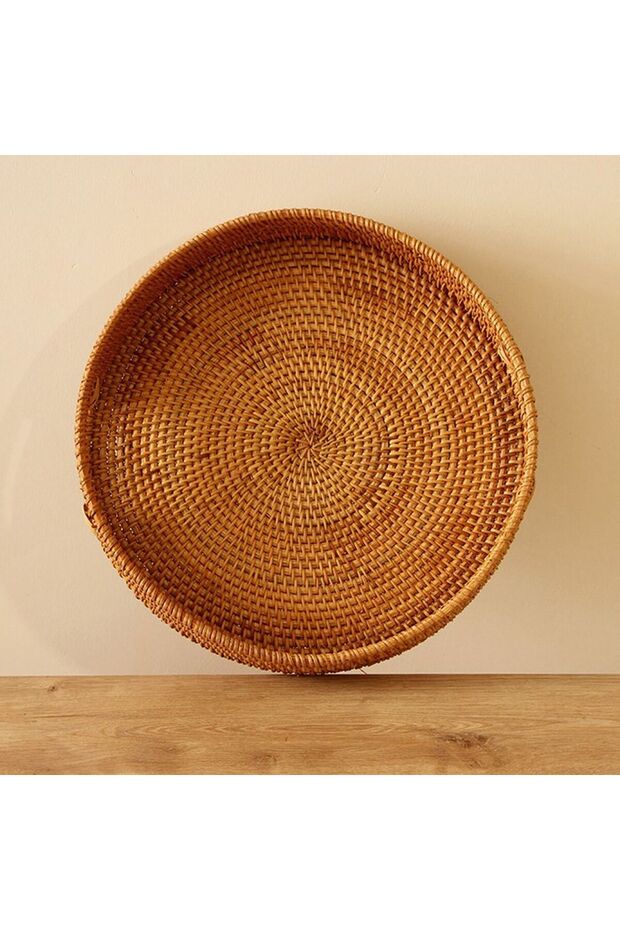 Bohem Rattan Kulplu Yuvarlak Tepsi 35x6 Cm Large, Iskandinav, Modern - 2
