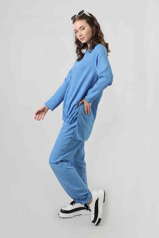 Yırtmaçlı Tunik Pantolon Takım Mavi - 3