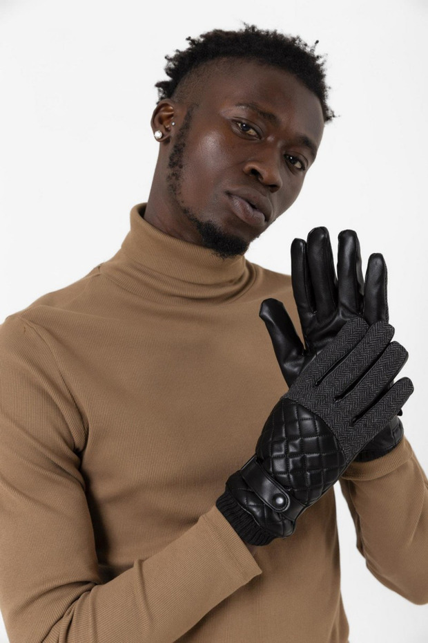 Erkek Siyah Deri Kapitone Eldiven - 5