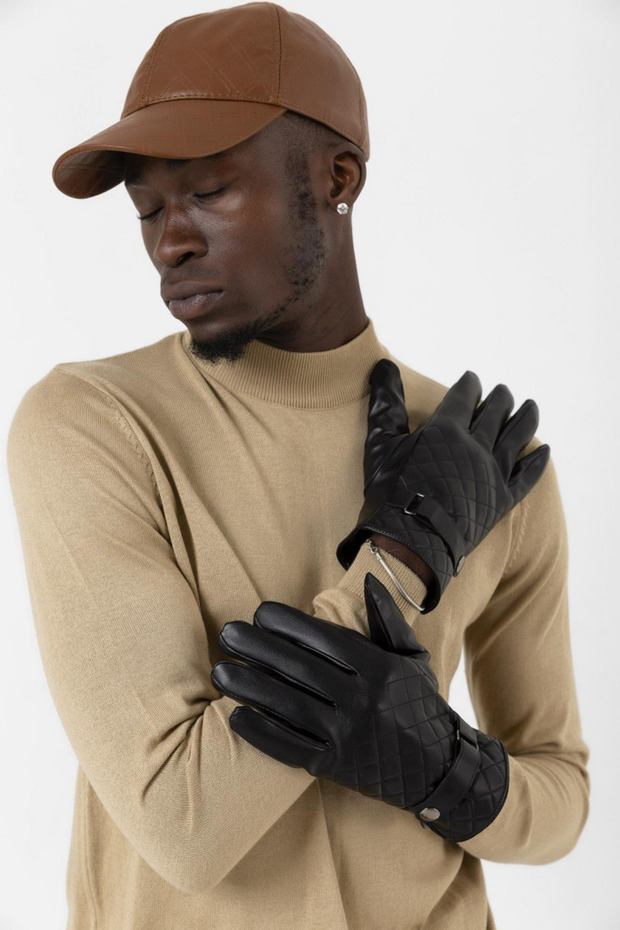 Erkek Siyah Deri Kapitone Eldiven - 3